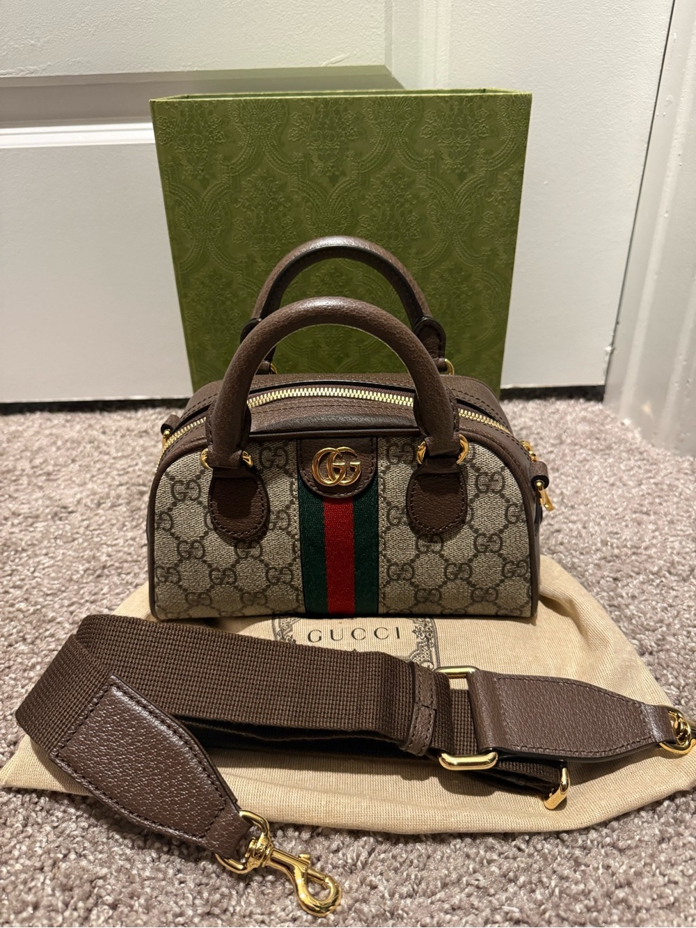 Gucci GG Supreme Mini Duffle with Brown Leather and Green-Red Web